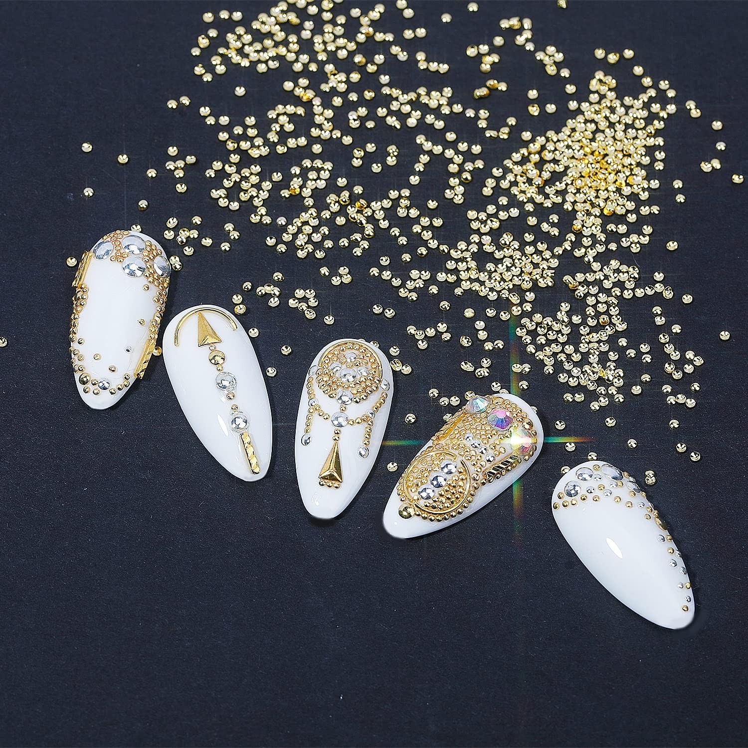 Nail Art Charms – Metal Silver & Gold Beads, Flat Back Round Rhinestones, Sma…