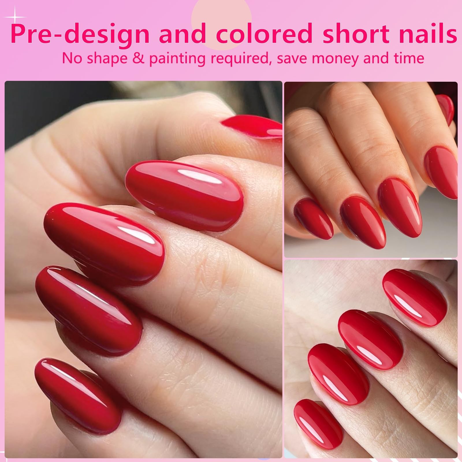 Oval Press on Nails Short Fake Nails, 240pcs Nails Press on Almond Bright Red