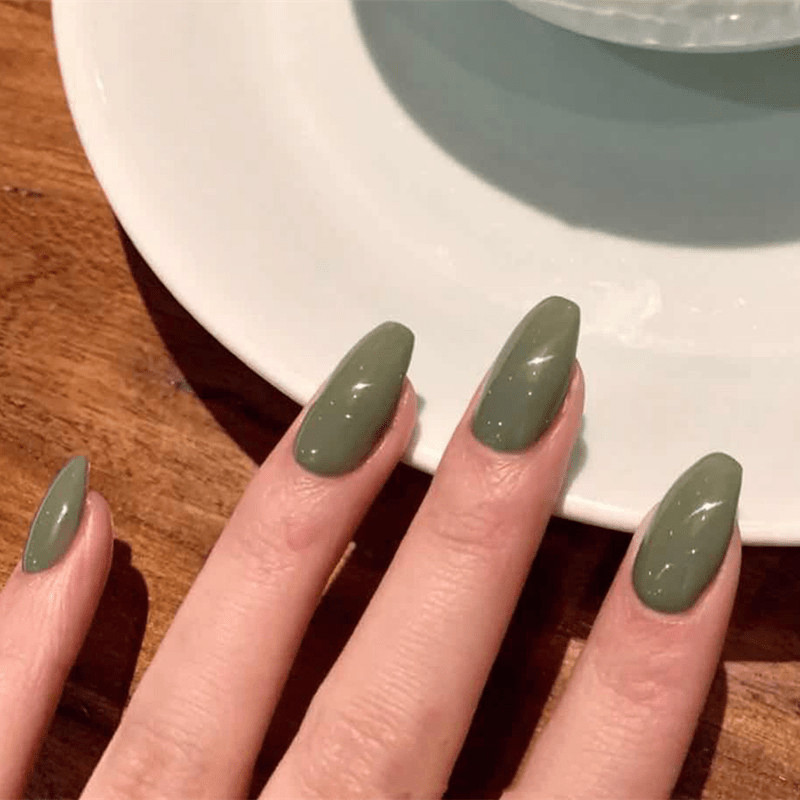 48pcs Almond Press on Nails, Matcha Green Solid Tiny Glitter Casual Nail Art