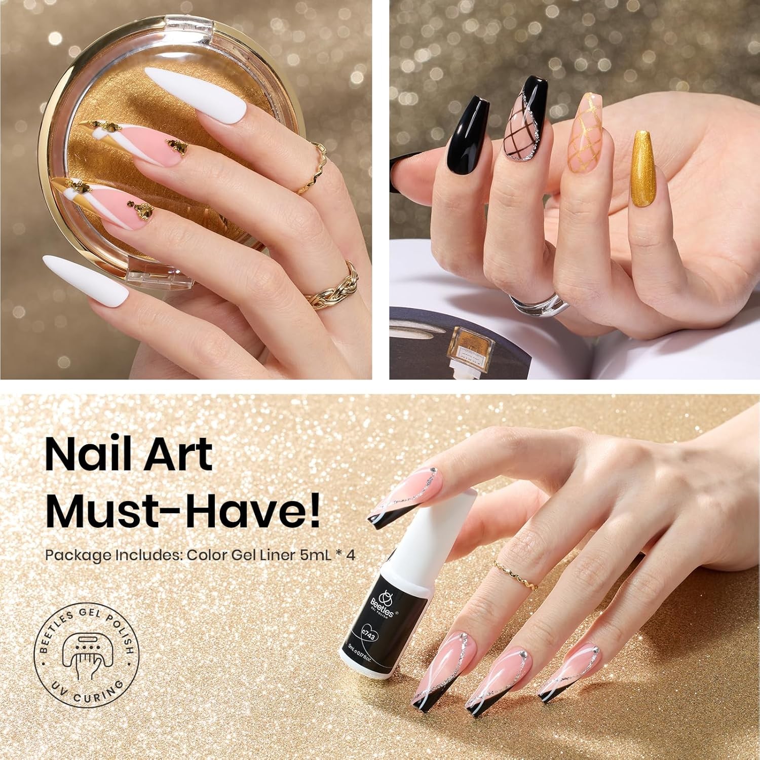 beetles l Polish Nail Art Liner l Polish Set- 2 Bla White