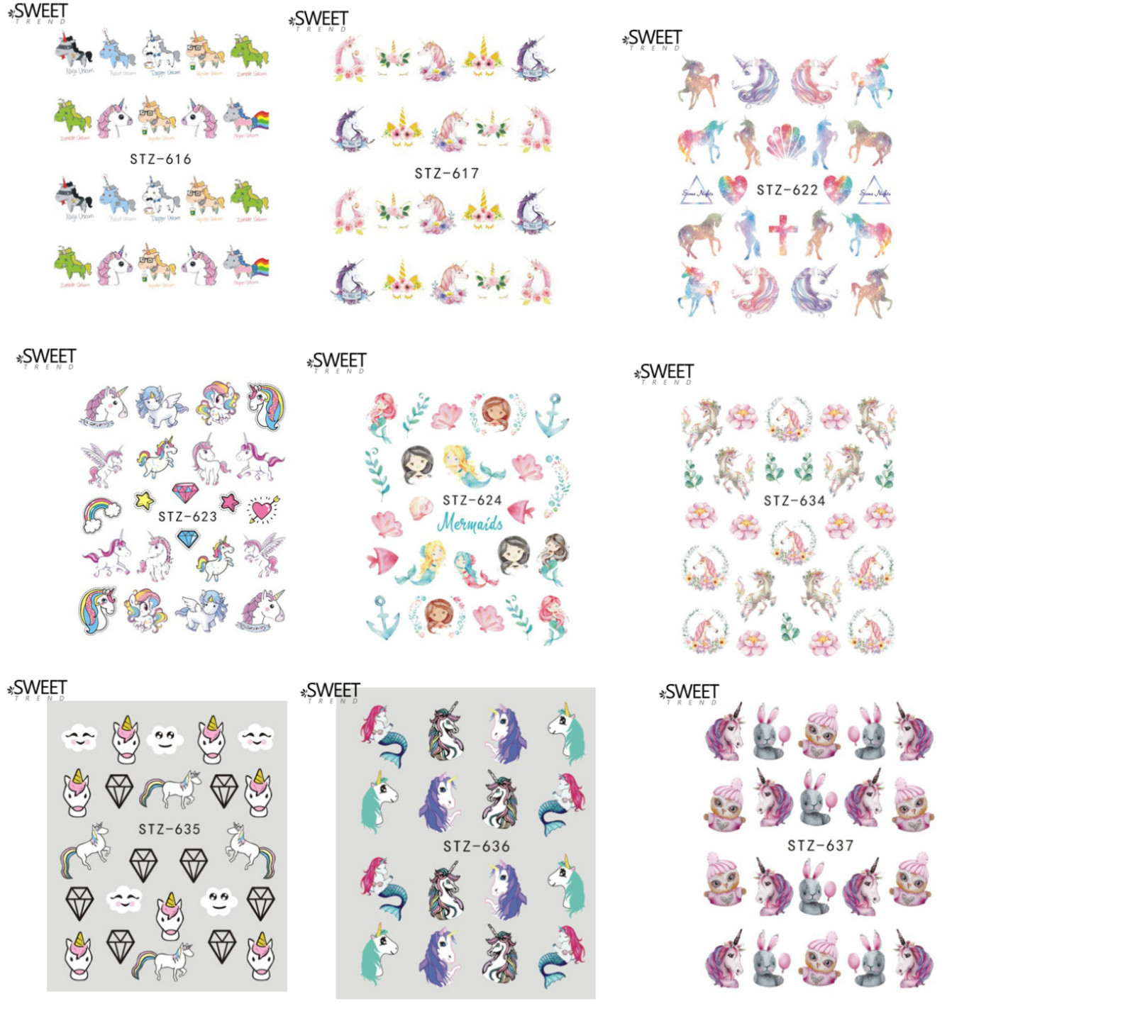 9Pcs Nail Art Water Transfer Sticker Unicorn Mermaid Children Tattoo Decals NS48