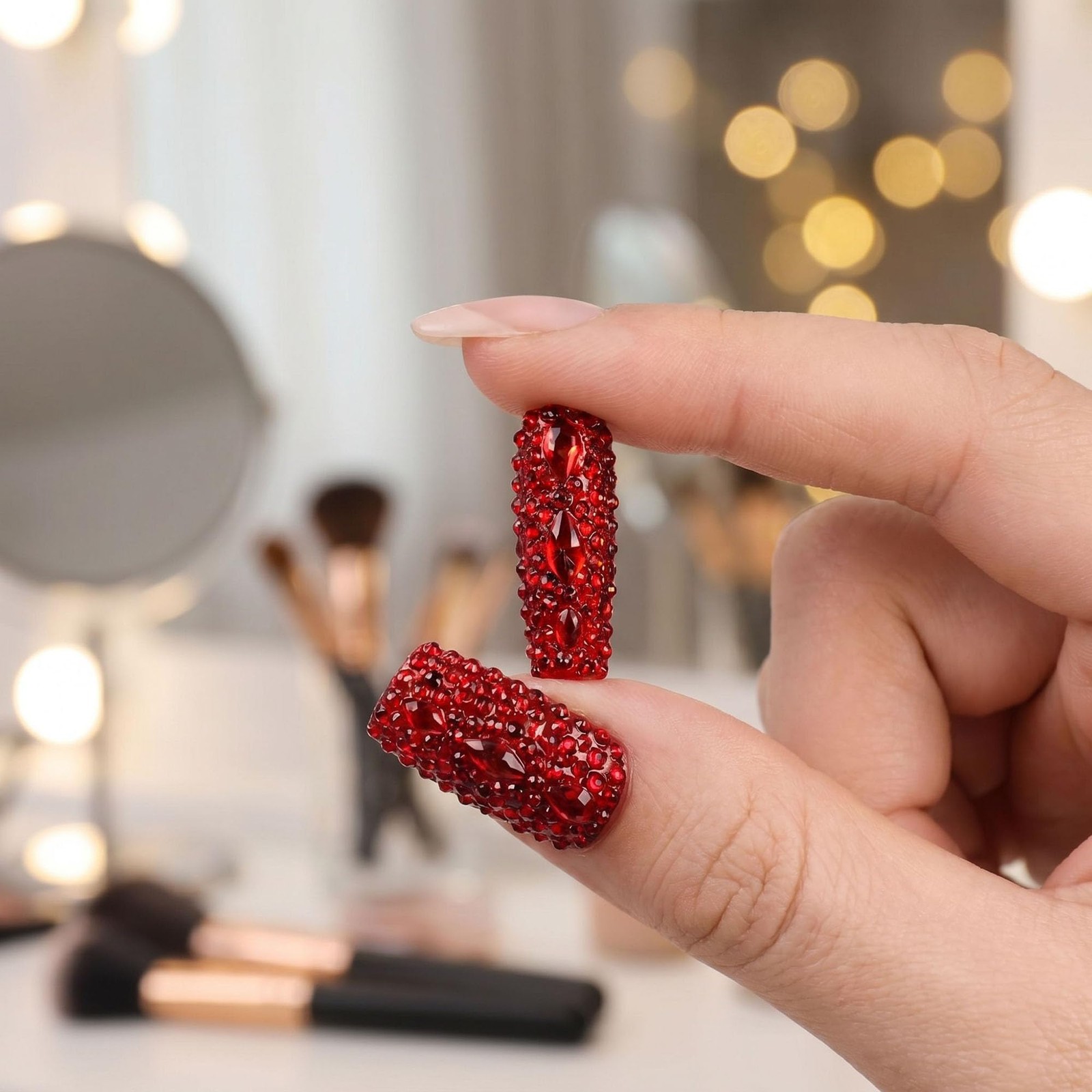 Extra Long Press on Nails Handmade Square Fake Nails Sparkly Red Rhinestones …