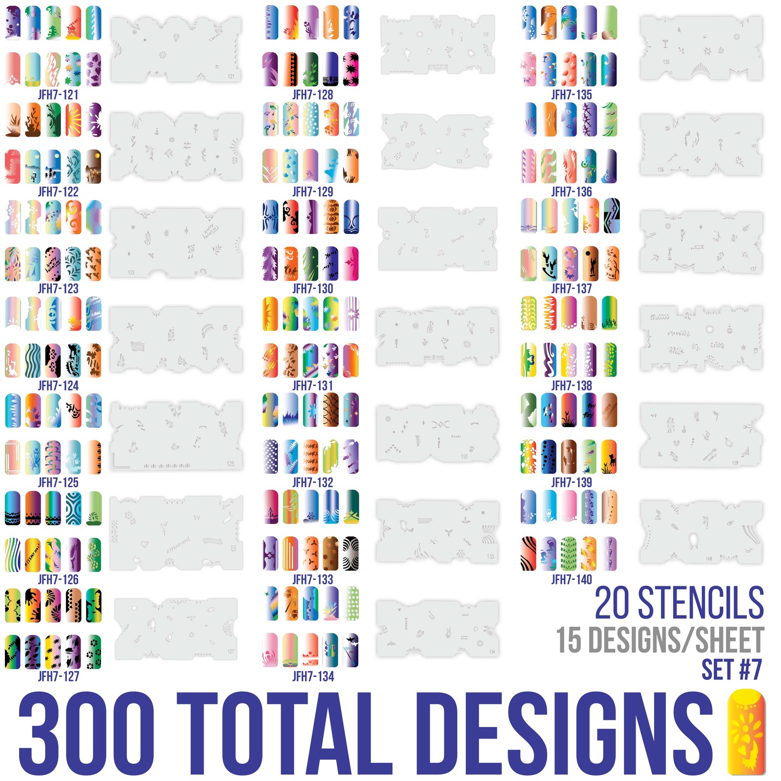 Set 7 320 Airbrush Nail Art STENCIL DESIGNS – 20 Template Sheets Kit Brush Paint