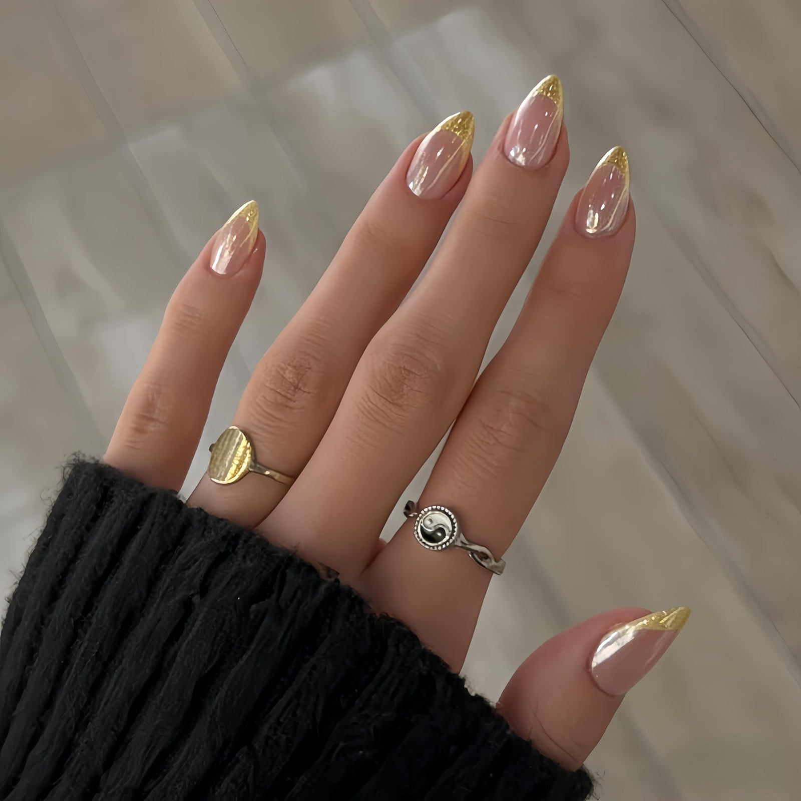 KXAMELIE Chrome Glitter Gold French Tip Press on 30 Pieces (Pack of 1), gold