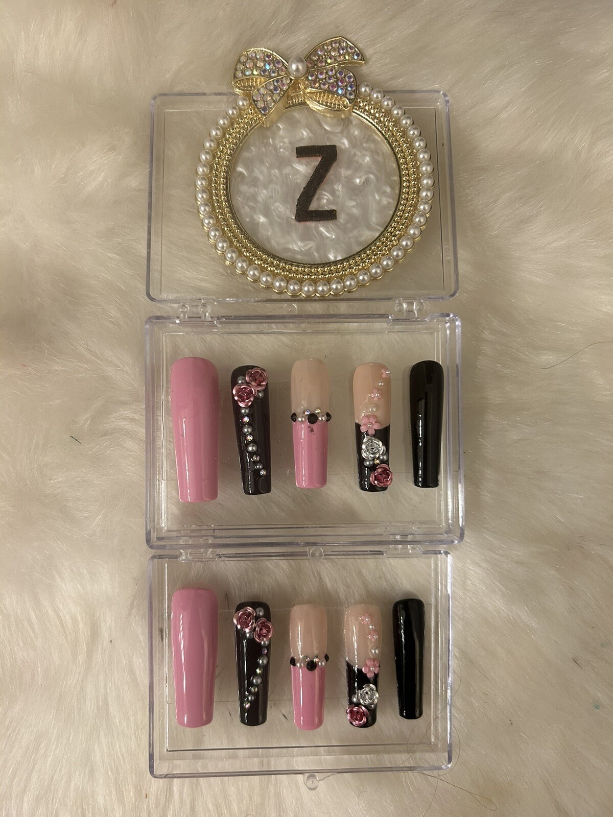 Z NAILZ! Gorgeous Handmade Pink/Nude/Black 2XL Coffin Shiny Bling Press On Nails
