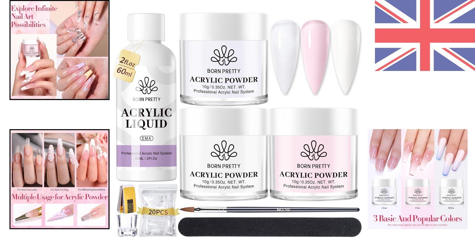 All-in-One Acrylic Nail Kit: Pink, White & Clear Powder with Liquid Monomer