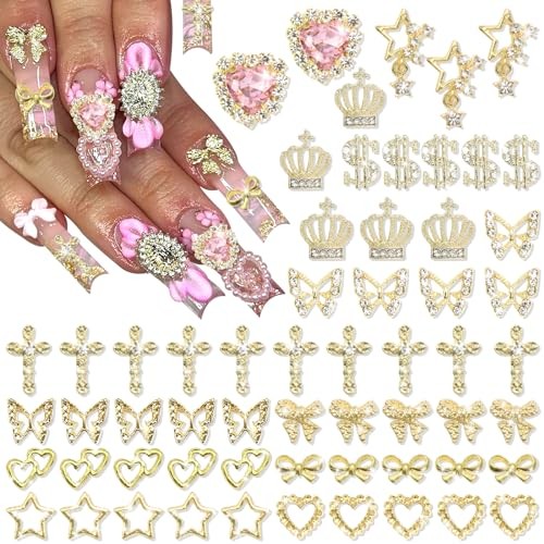 180PCS Nail Charms: Cross Crystal Star, 3D Butterfly, Sparkly Crown, Shiny Gold