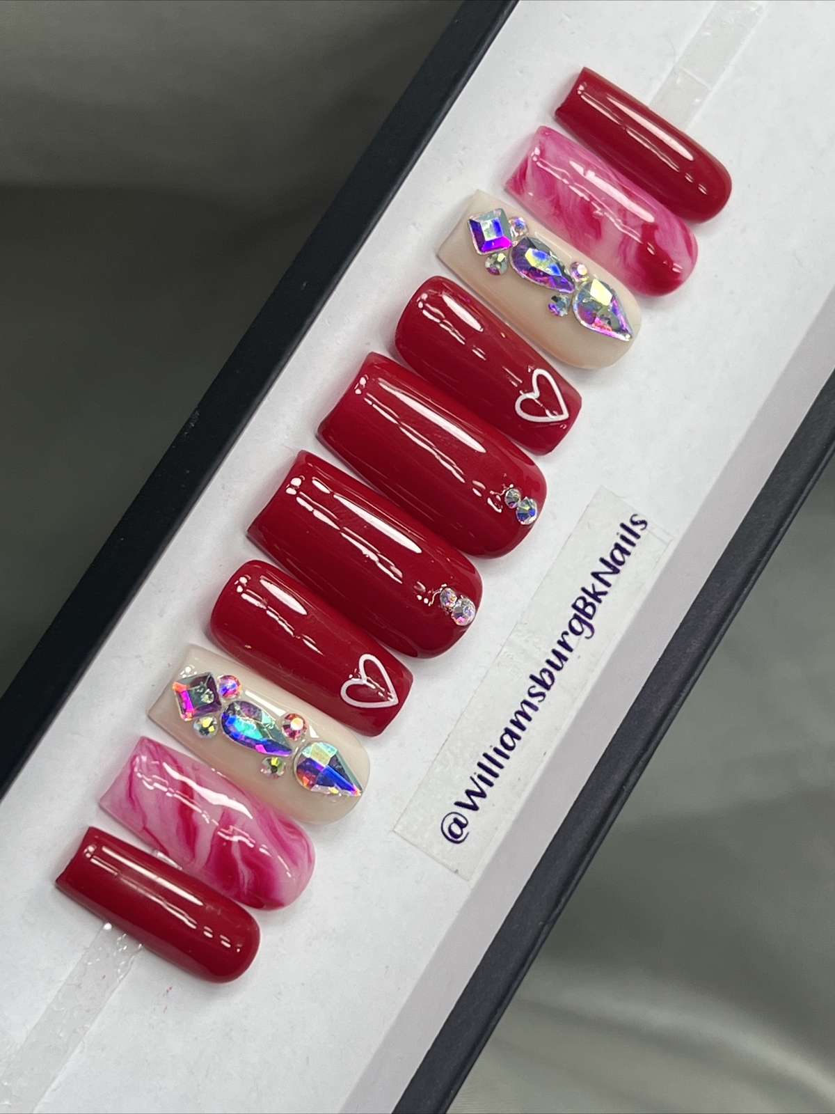 🔥 CUSTOM Gel Press On Nails, RED HEART W BLING 10p FULL SET W Kit
