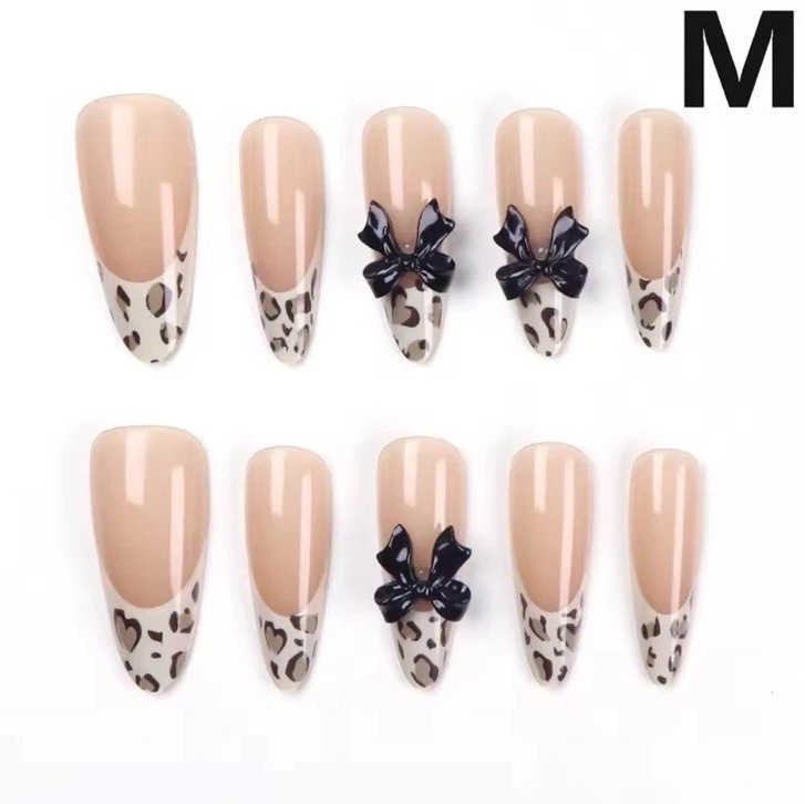 Medium Almond Press-On Nails Beige Brown Leopard Sz Med Bow Full Cover Acrylic