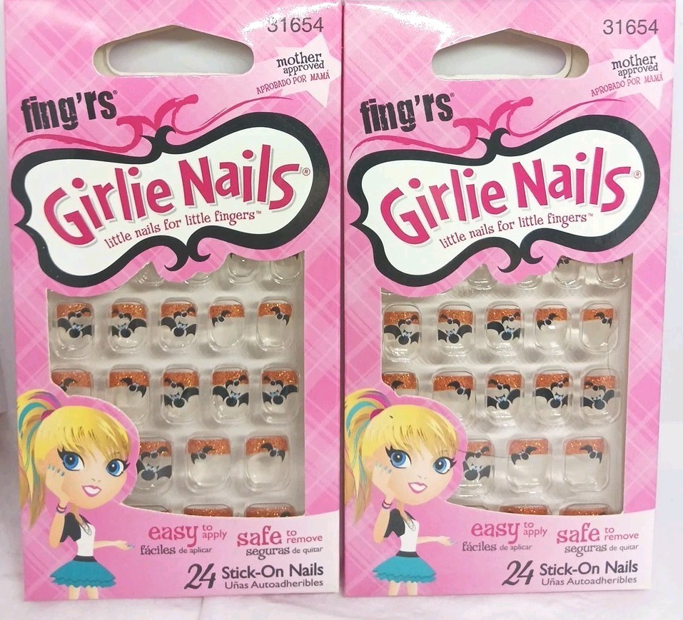 2 Fing’rs girlie nails 2-24 ct stick on nails for little fingers black orange ba