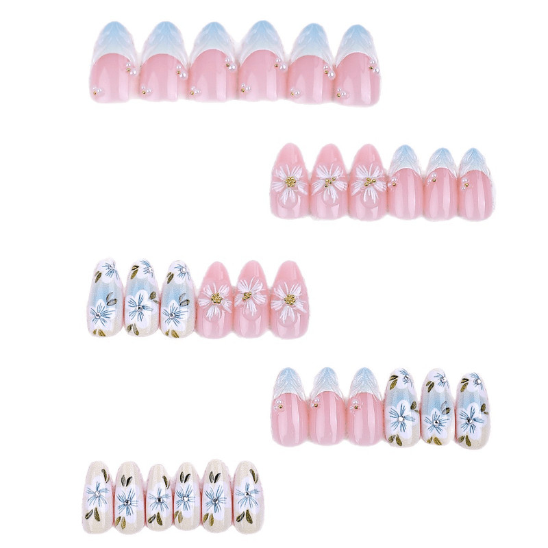 30P Short Almond Press on Nails, Mint Green Gradient 3D Floral Fake Nails