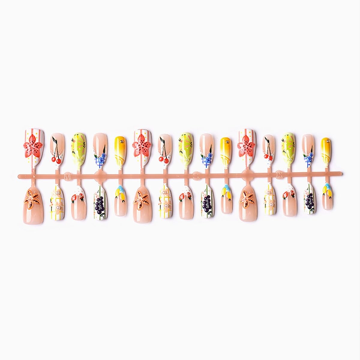 30Pcs Fruit Press on Nails Long Almond Fake Nails 3D Flower Strip with Rhines…
