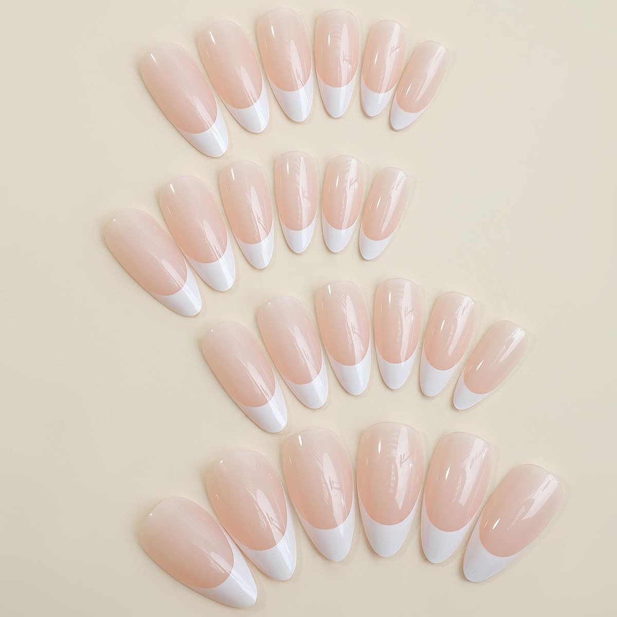 White French Tips Press on Nails Long Almond Fake Nails Nude False Nails with…