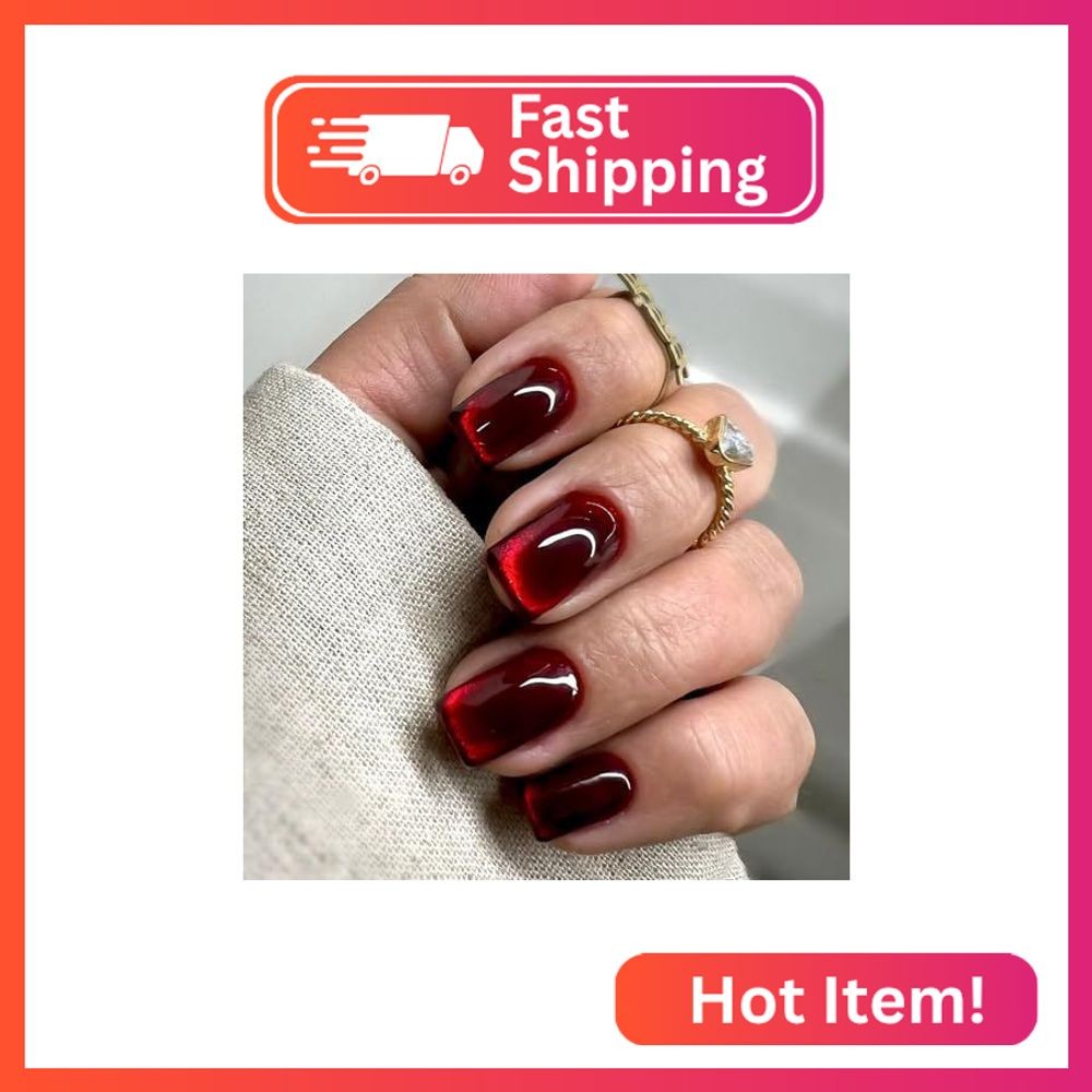 BAOYAALIN Cat Eye Red Press on Nails Short Square Fake Glue on Nails with Exquis