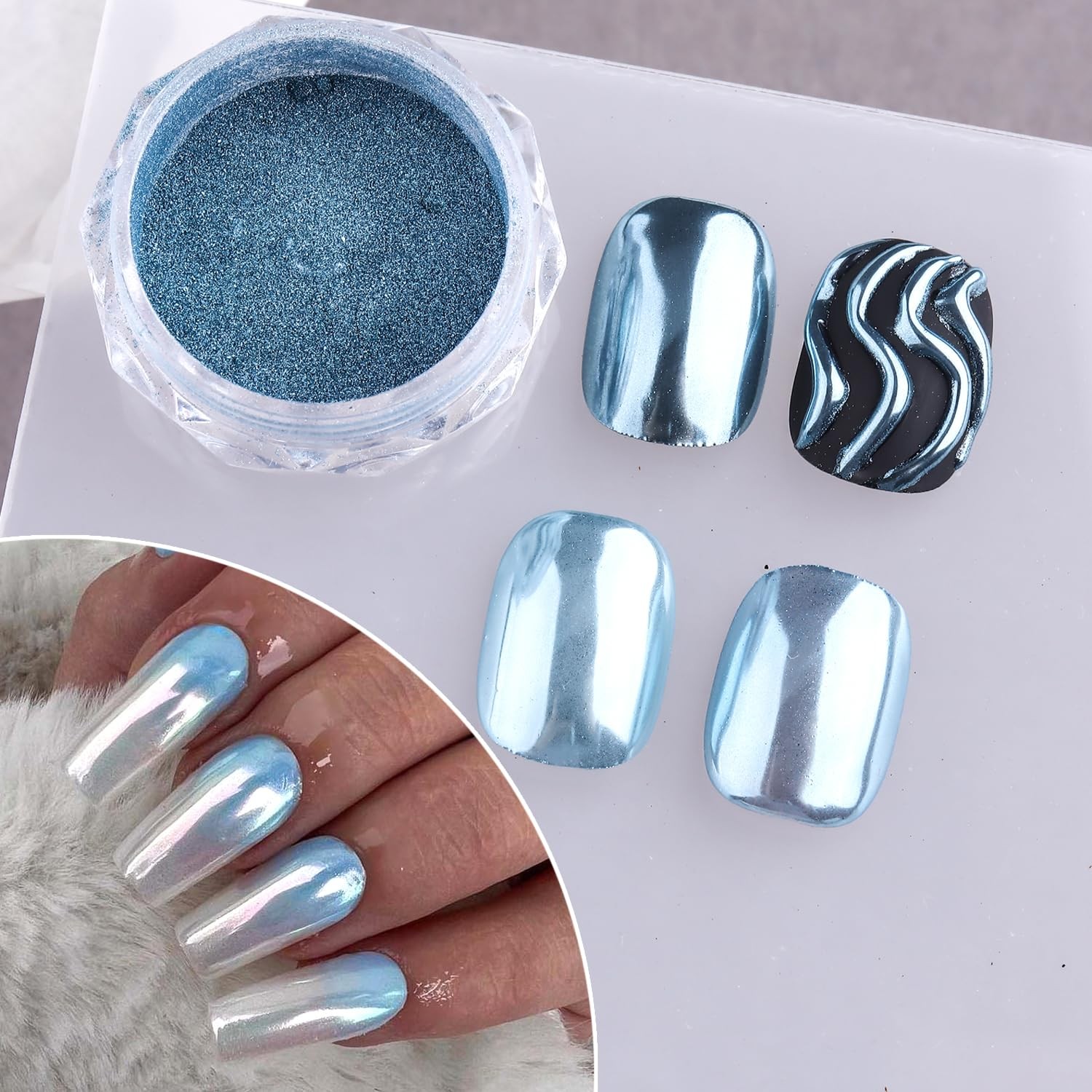 4 Colors Chrome Nail Set, Blue Silver Metallic Mirror Effect Nail Chrome Holo…