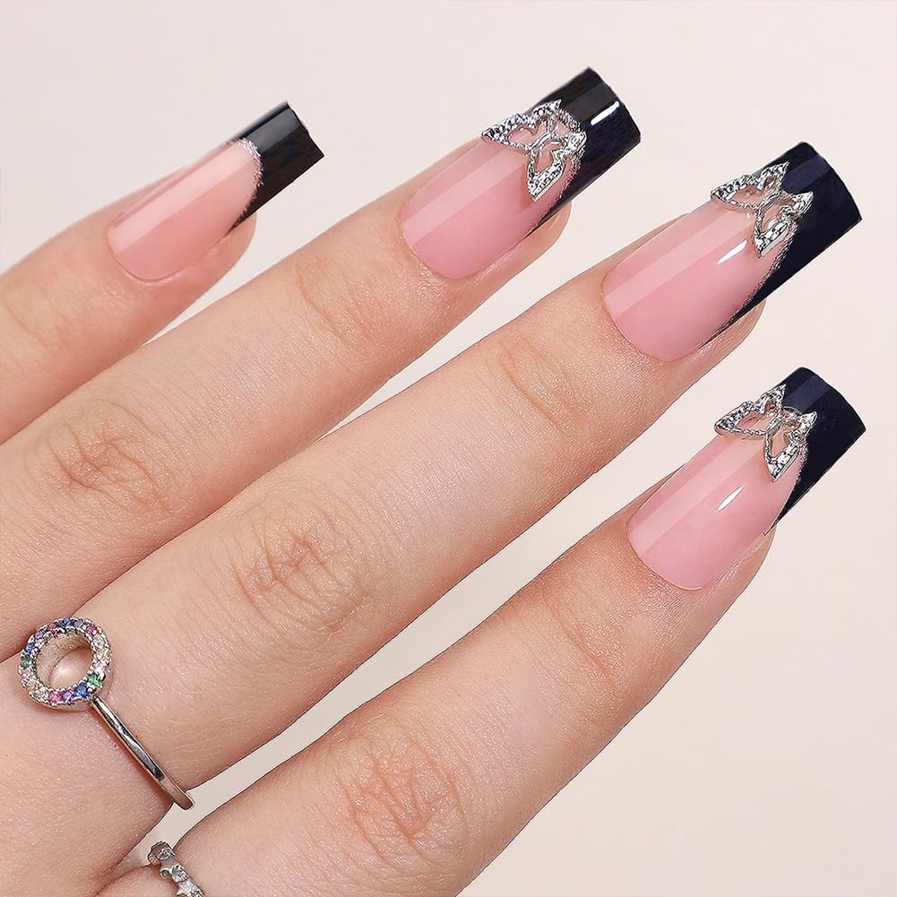 Black French Tip Press On Nails – Long Press On Nails Square Fake Nails with …