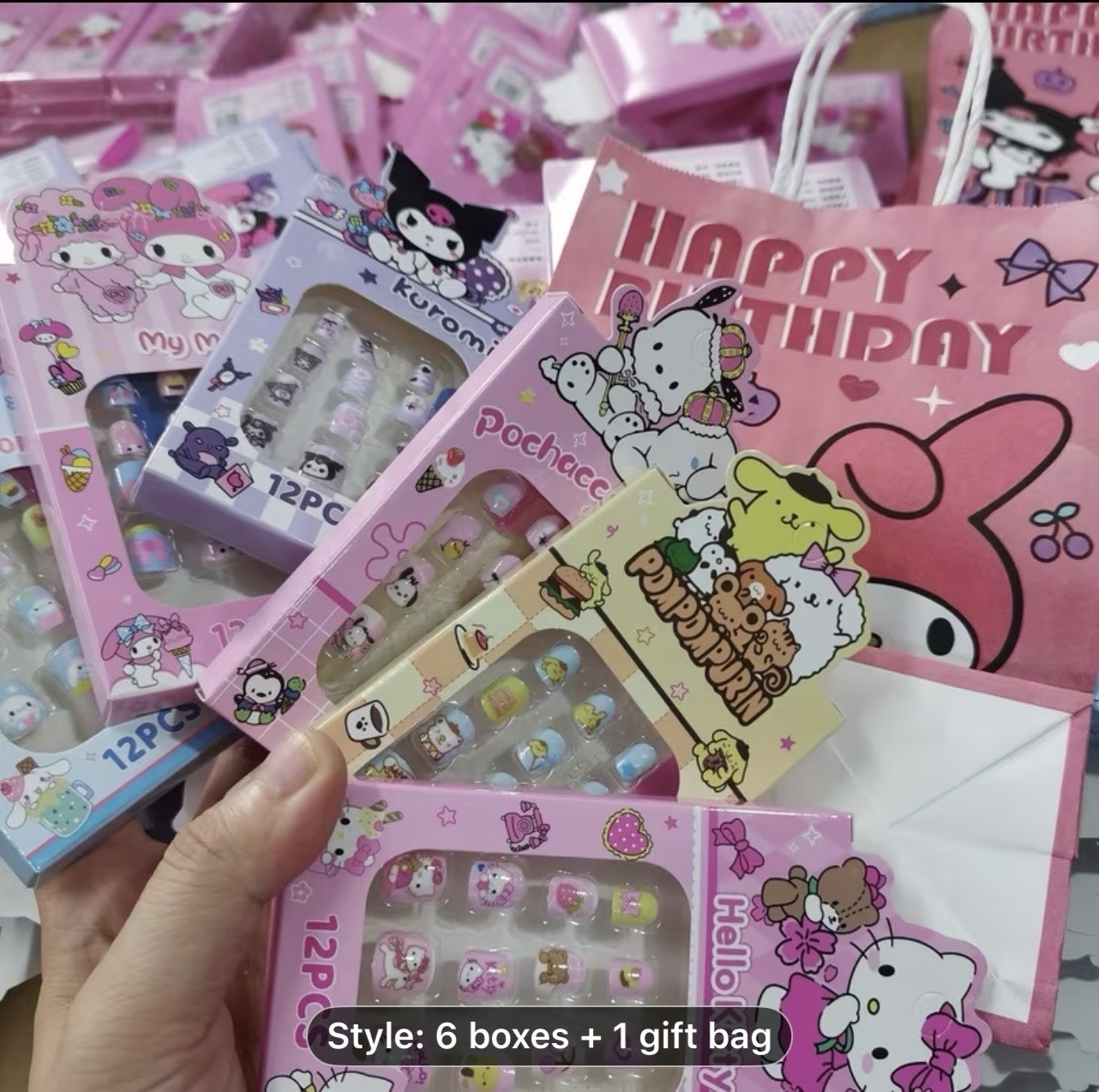 6Box Set San Rio Hello Kitty & Friends Press On Nails for Girls + Gift Bag. New