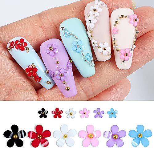 3D Colorful Flower Nail Charms White Pink Blue Purple Black Flowers Acrylic