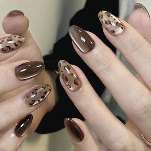 Medium Almond Press on Nails Brown Cat Eye Fake Nails with Full Cover Style-42