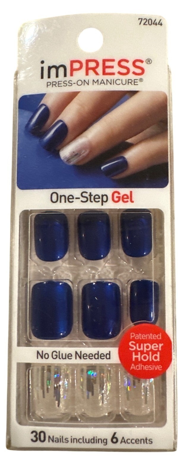 Impress 30 Nails 6 Accents BOSS LADY Short Square Glossy Royal Blue+Clear+Silver