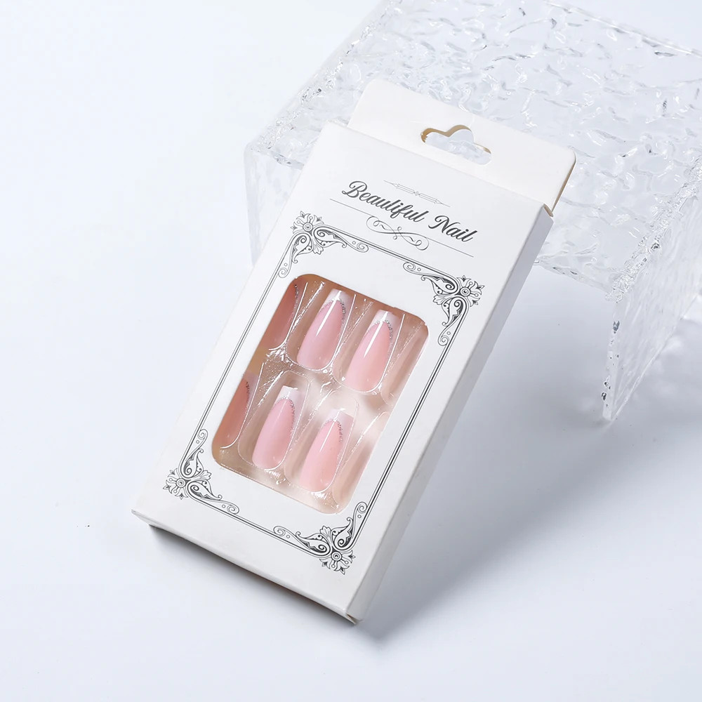 French Glitter Short Square Coffin Press on Nails Full Cover Acrylic Fake