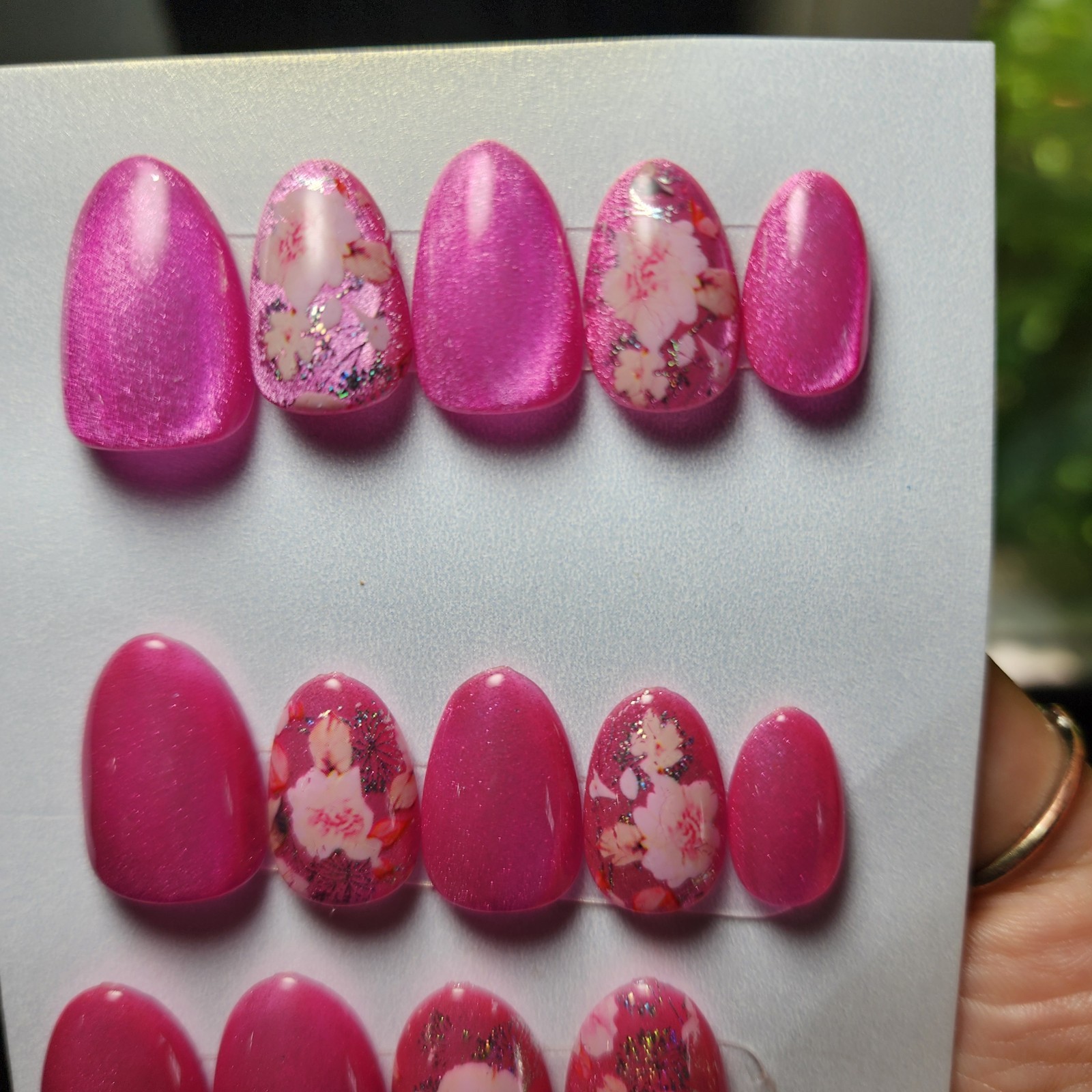 Handmade Reusable Extra Short Almond Pink Cateye Sakura Press On Nails