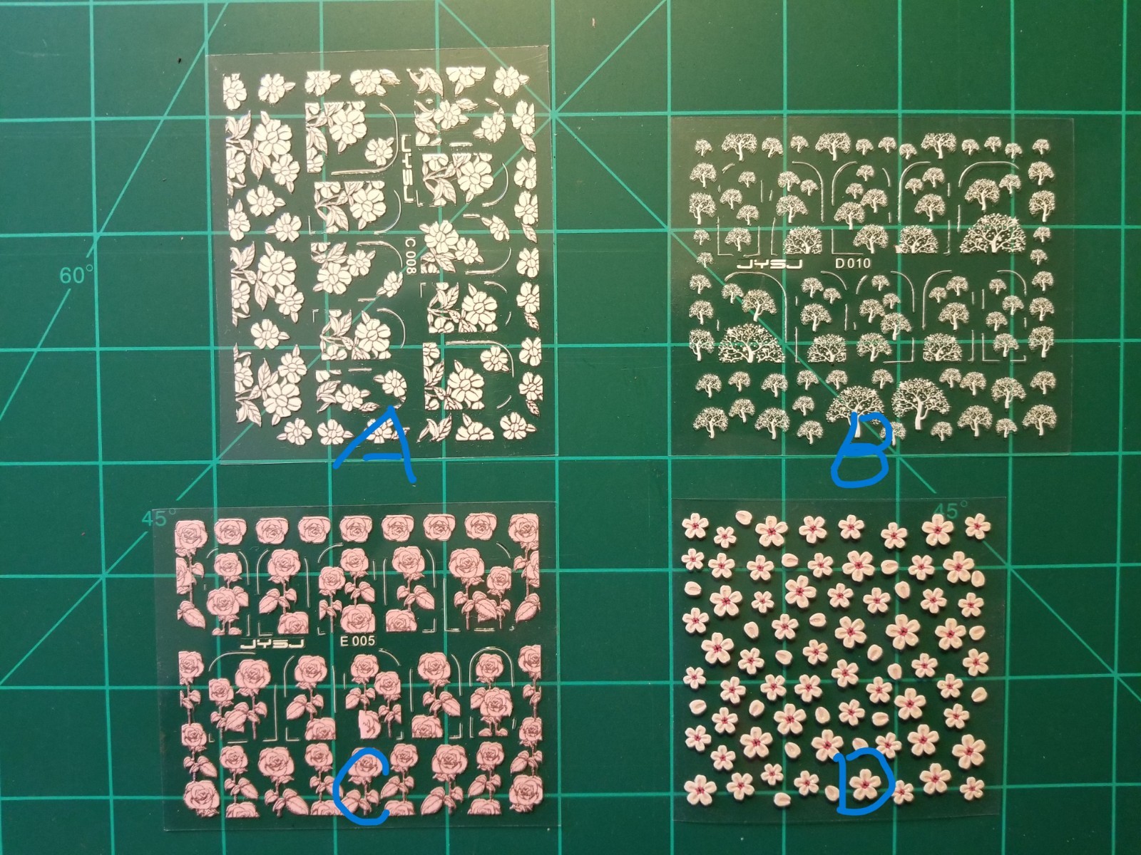 Nail decals stickers / 3D Art decor / Rose & trees bossom, 5 pcs/units. 3 x 3.5″