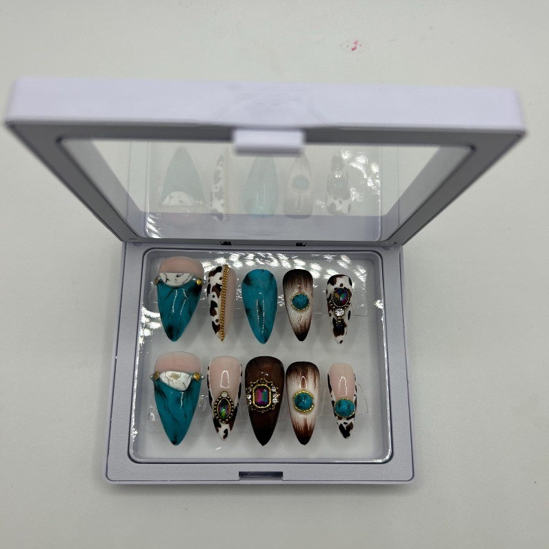 Custom Pure Handmade Nails Turquoise Cow Print Gem Gold Decor Western Manicure