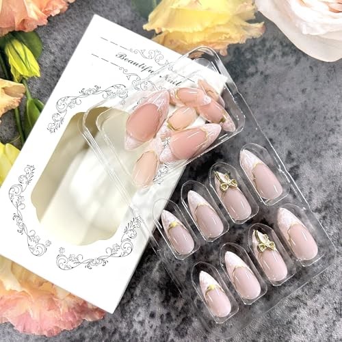 Almond Medium Artificial Acrylic Fingernails – 3D French Tip Press