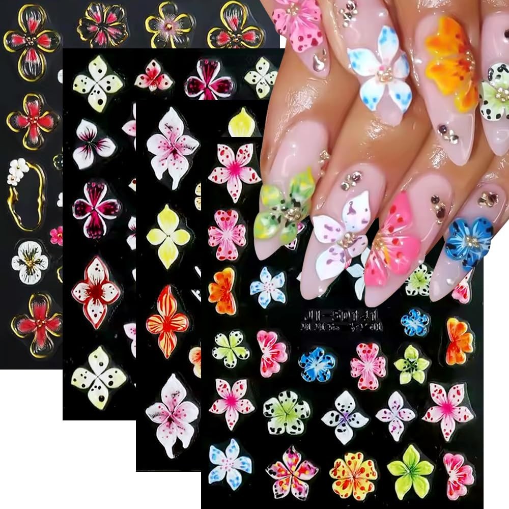 Flower Nail Stickers for Nail Art, 5D Embossed Hibiscus Nail Decals Pink White L