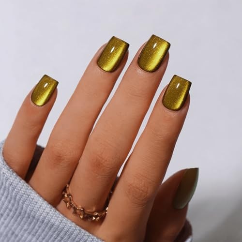 Cat Eye Press On Nails Short, 30 Pcs Glitter Black Gold Press On black gold