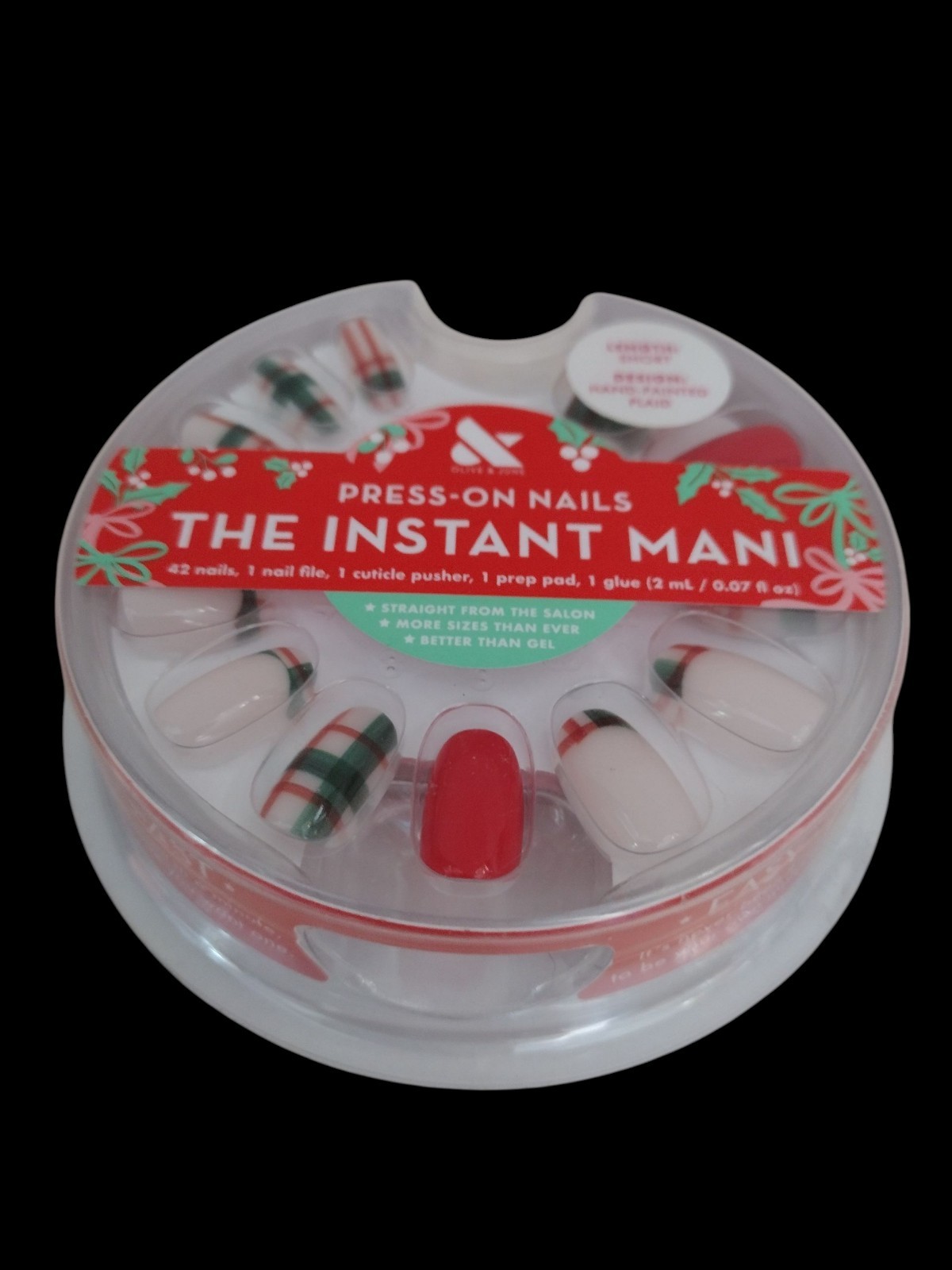 Olive & June THE INSTANT MANI 42ct SHORT LENGTH Press On Nail HAND-PAINTED PLAID