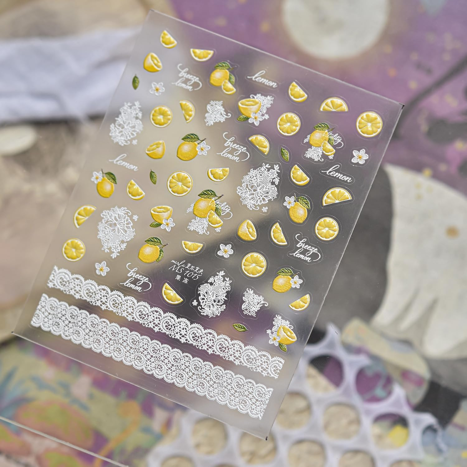 1Pcs Lemon Nail Stickers 5D Embossed Fresh Fruits Nail Decal White Lace Nail Des