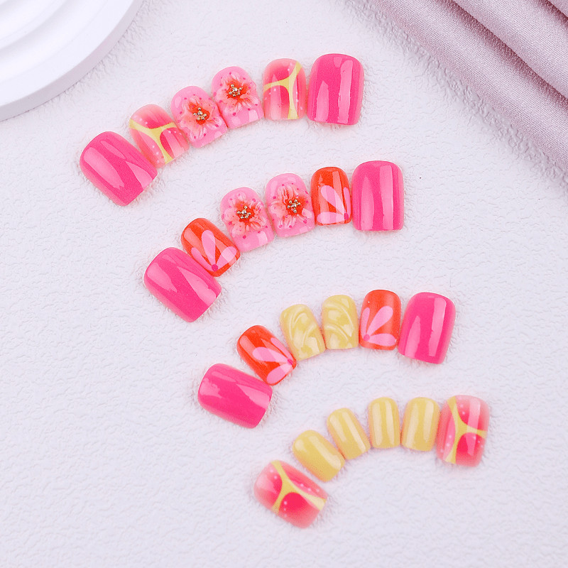 48P Short Square Press on Nails, Orange Pink 3D Floral Y2K Glossy Fake Nails