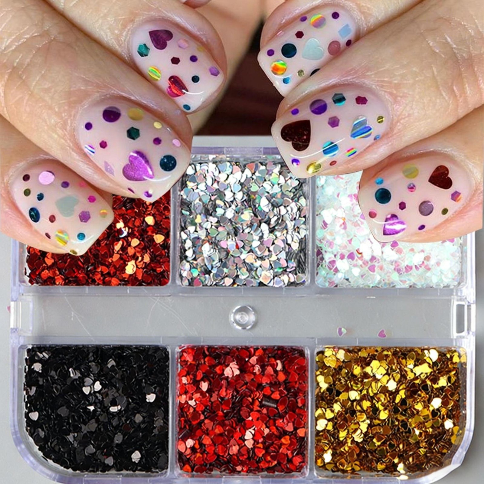 6-Grid Love Shape Sequin Kit Mini Heart Glitter for Nail Art Decoration & Crafts