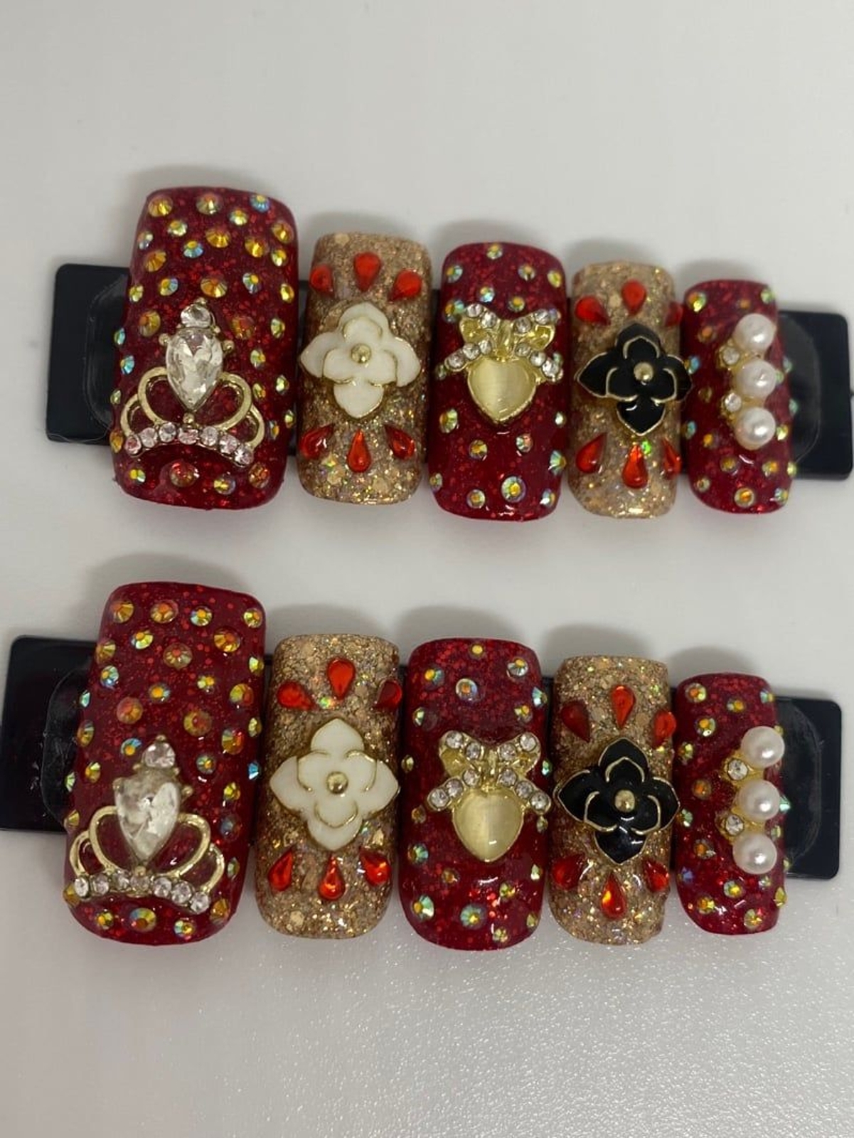 Red, Gold, Black, & White Square Press On Nail Set