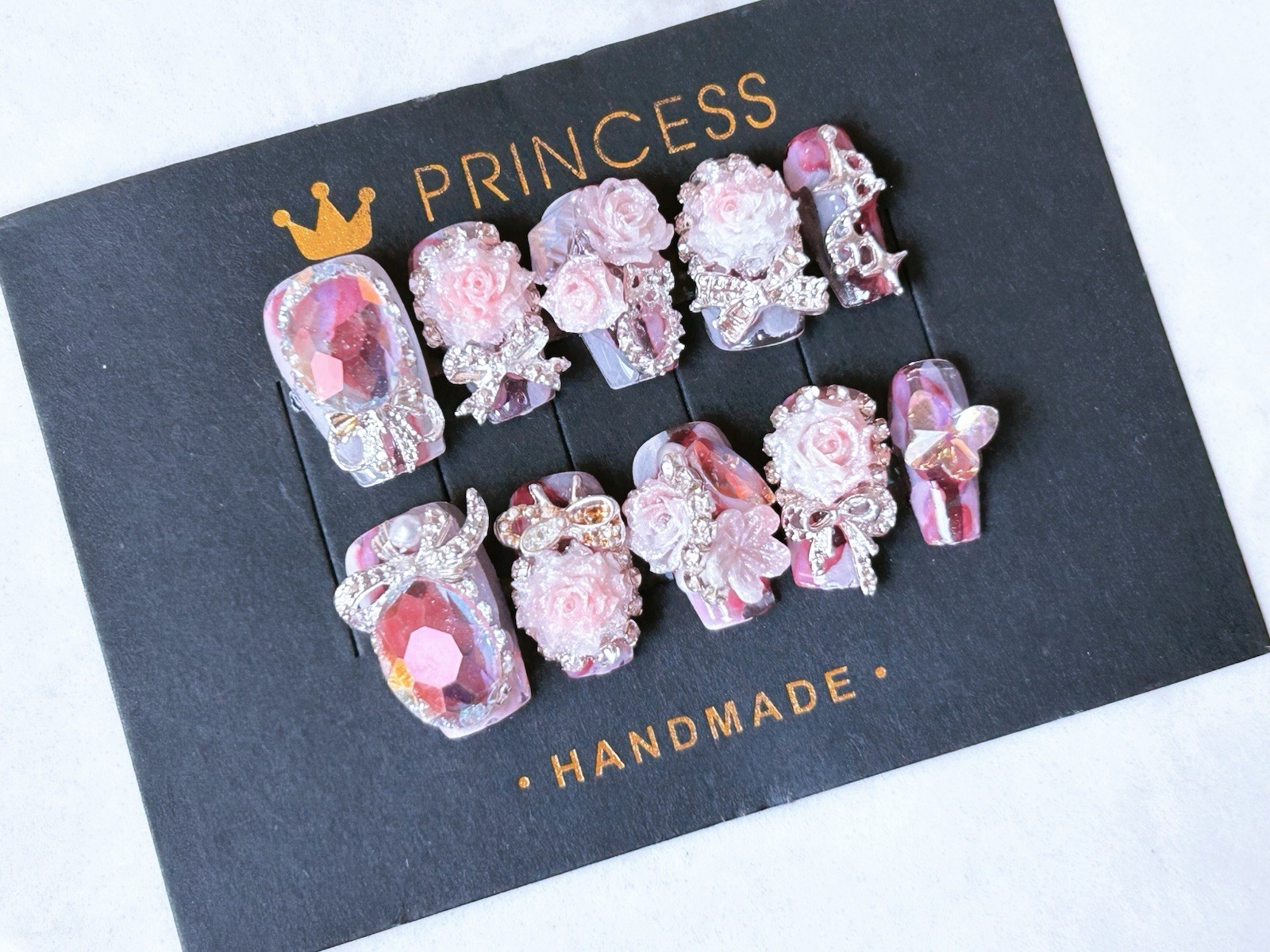 10 pcs 3D Pink Purple Flower Rhinestone Square Acrylic Press-On Nails Medium Set