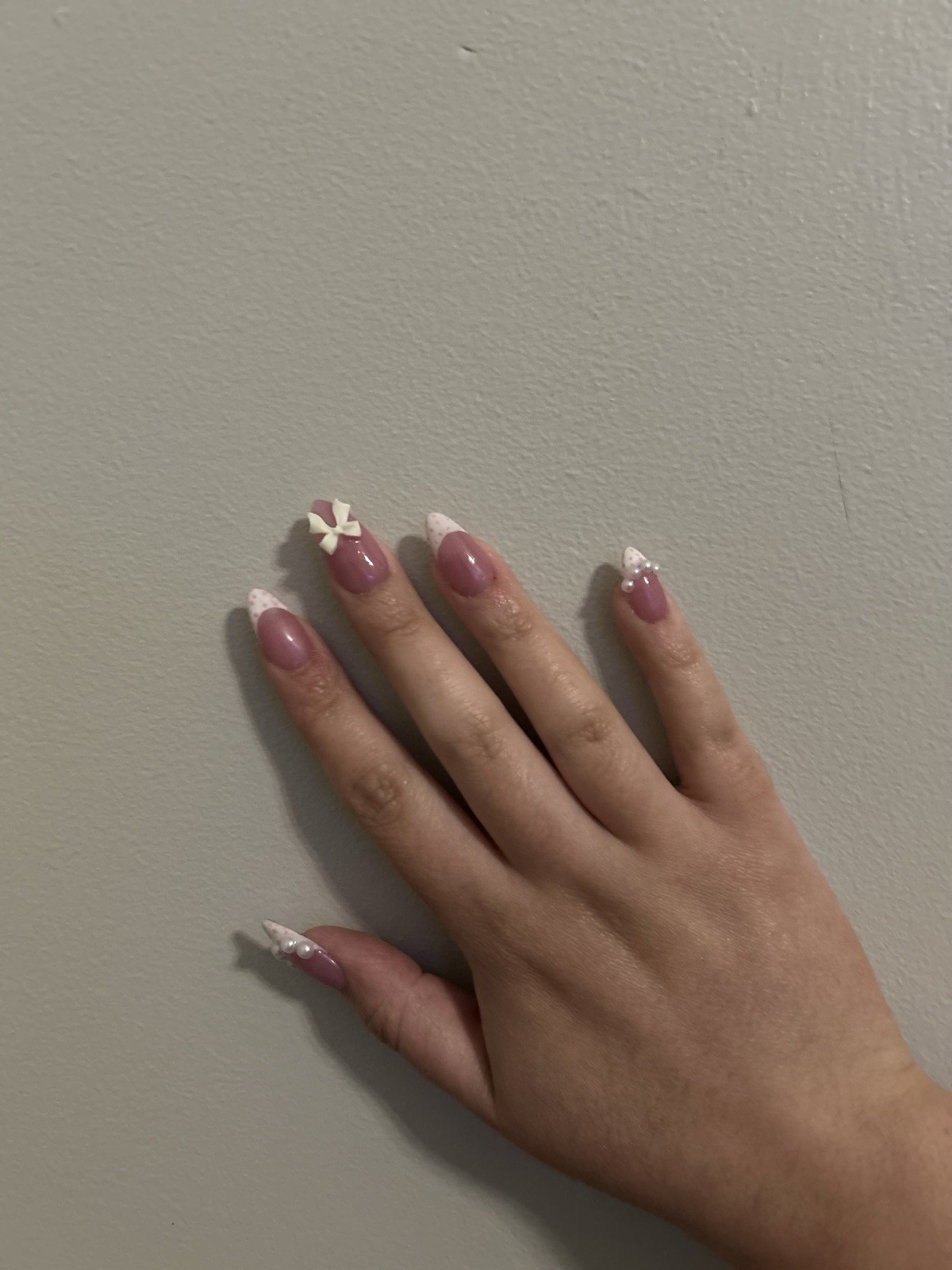Pink/White French 3D Charms Almond Press-On Nails Set