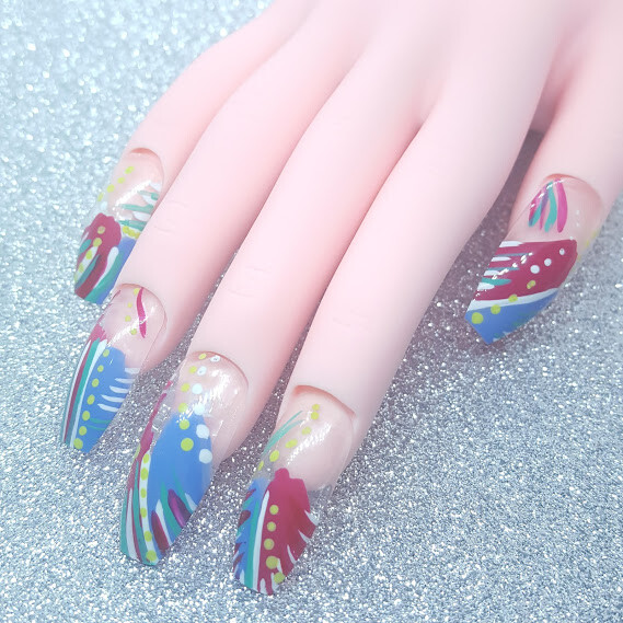 90’s Retro Abstract Press On Nails Pink Purple White Green Long Handmade Gel