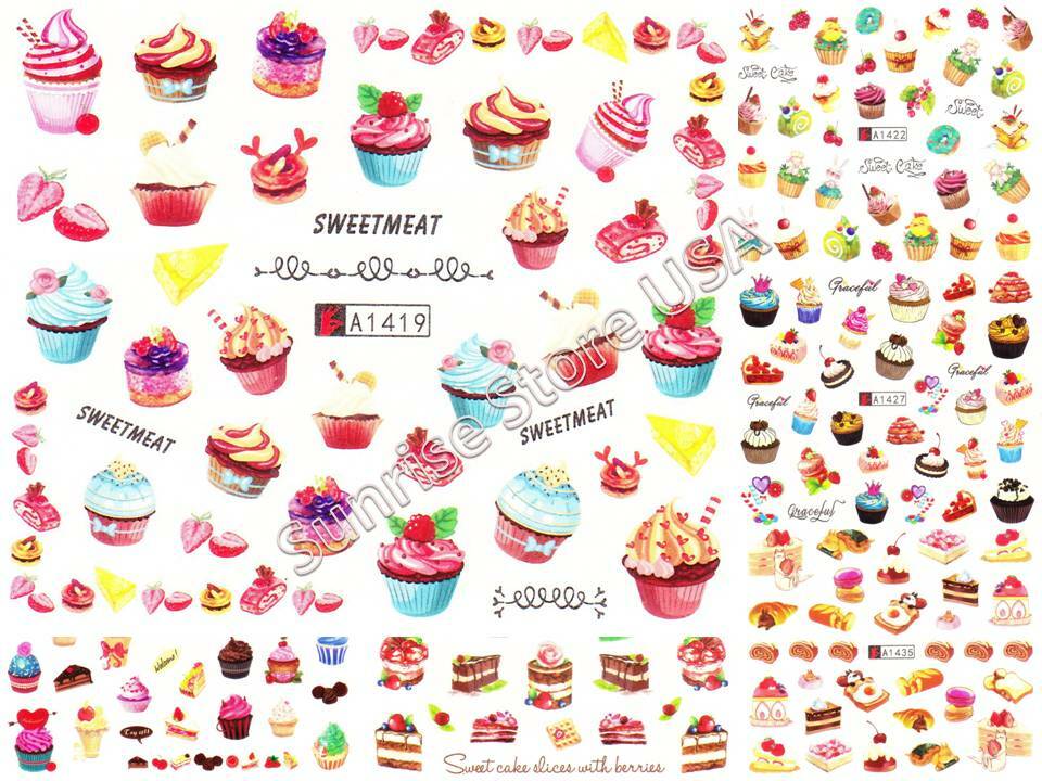 Nail Art Water Transfer Sticker Cake Cupcake Cherry Fruit Flower Decals Manicure