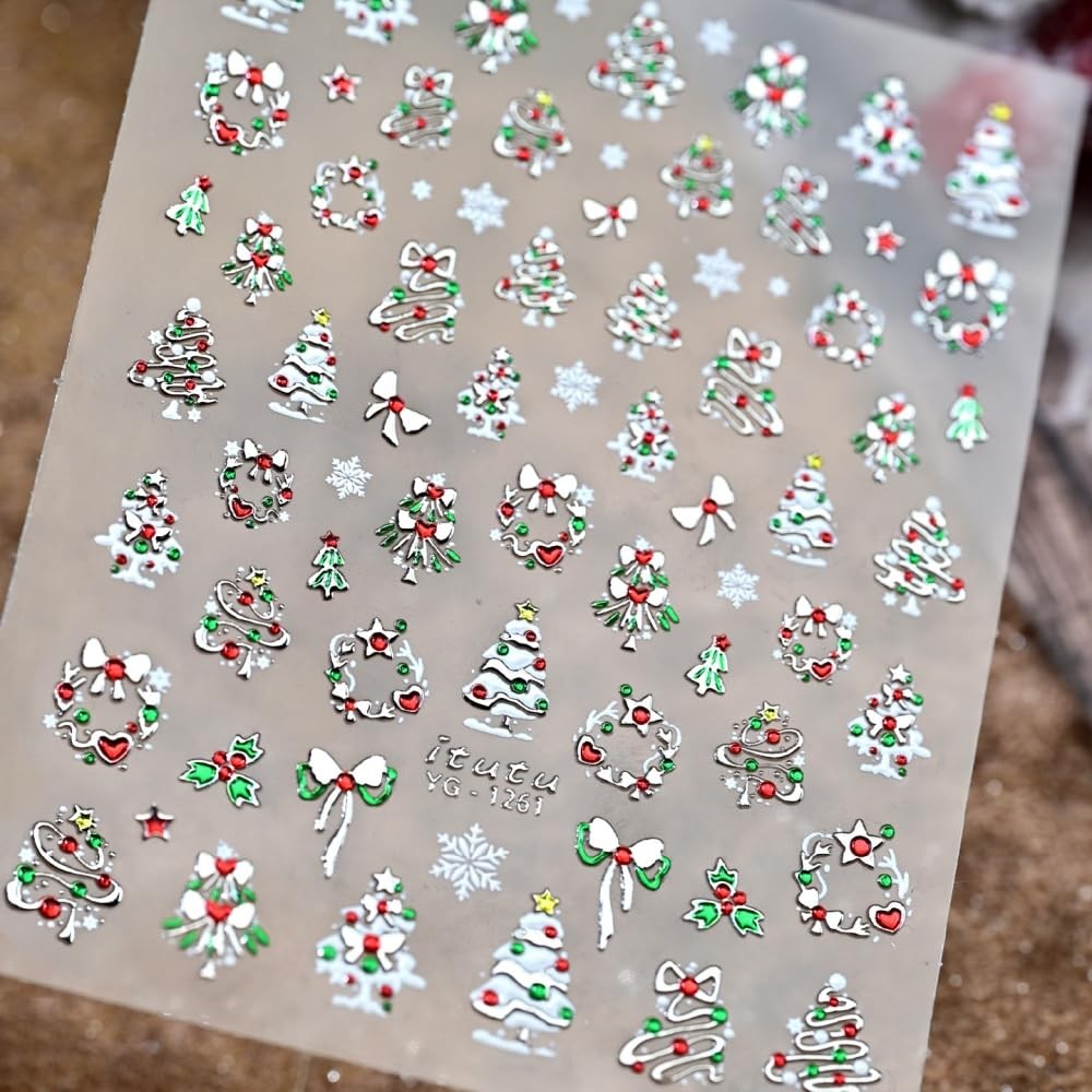 Christmas Nail Stickers 5D Embossed Metallic Silver Nail Decals Adhesive Garl…