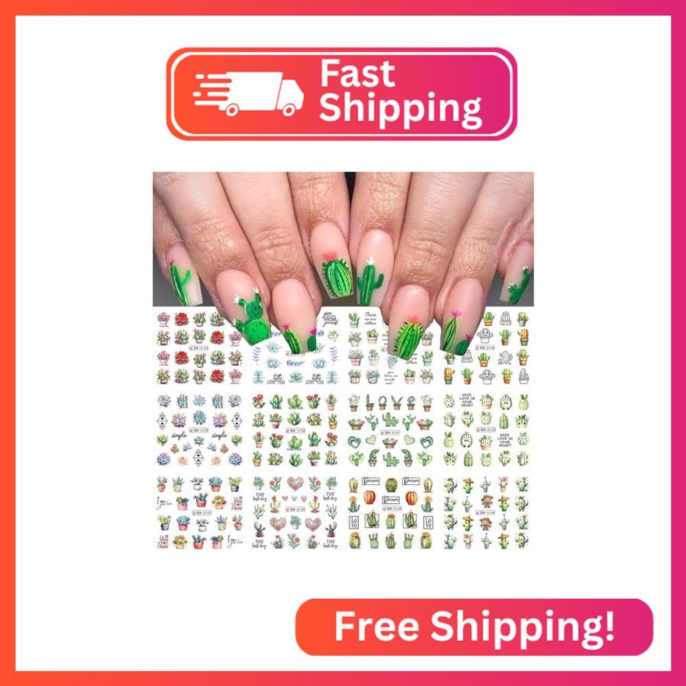 12 Sheets Green Cactus Nail Art Stickers Spring Summer Fall Winter Nail Stickers