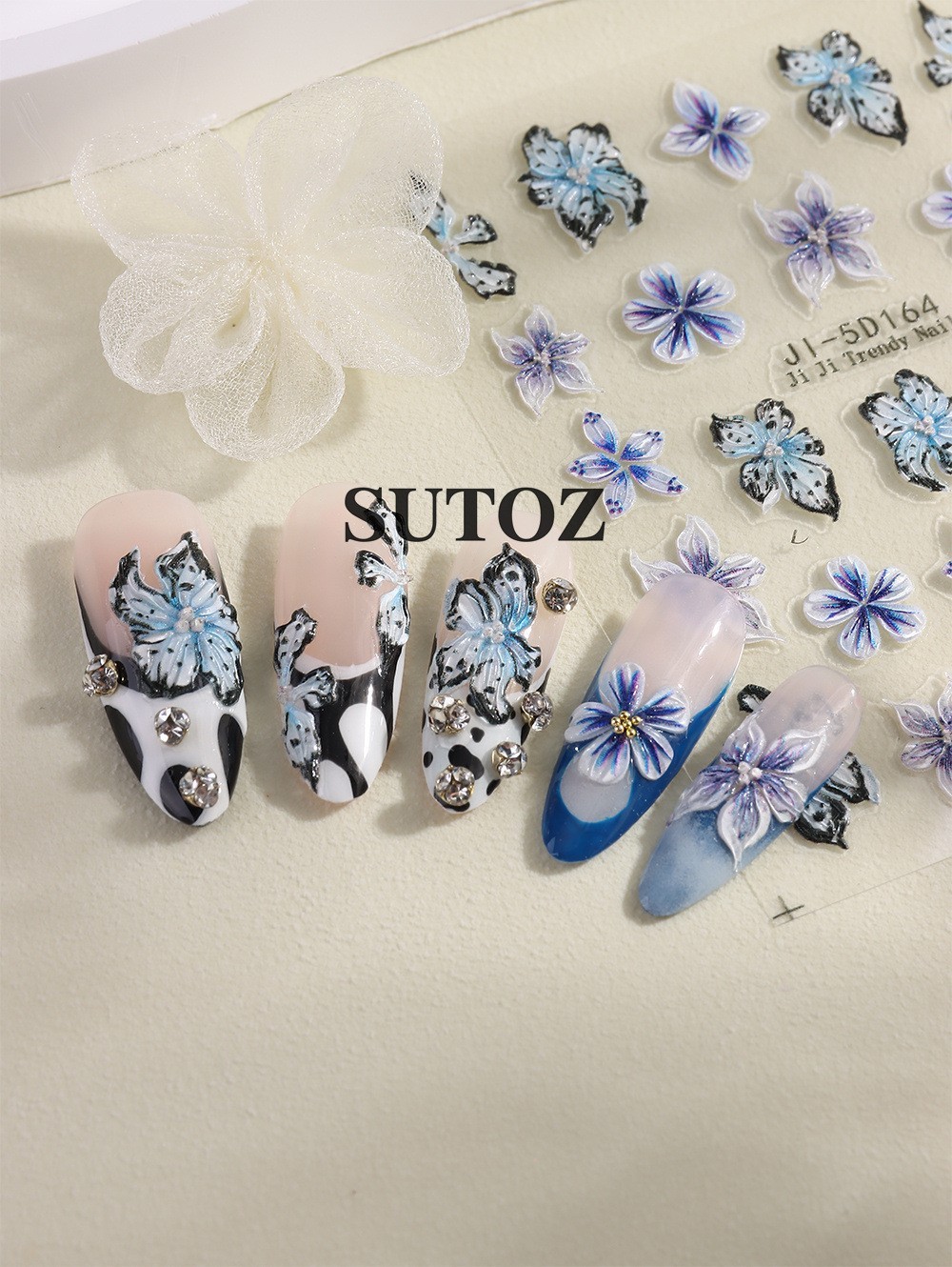 3D Gradient Flower Embossed Lily Hibiscus Floral Nail Art Stickers Decor NH29