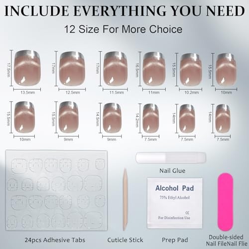 Silver French Tip Press on Nails Square Cat Eye Fake Nails with Short MY004