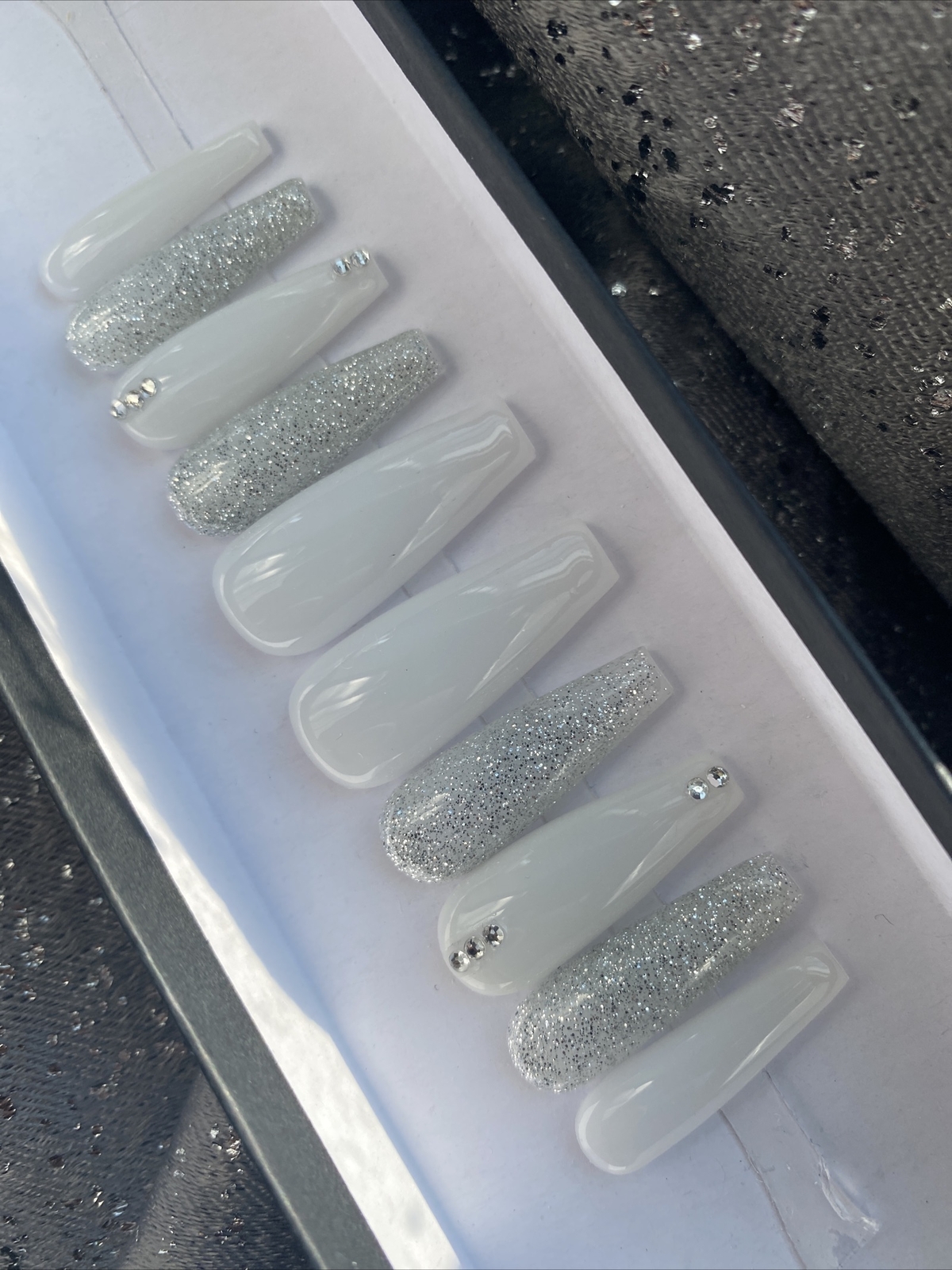Luxury Gel Press On Nails, MILKY WHITE w/ BLING , Long Coffin, 10p W/ KIT