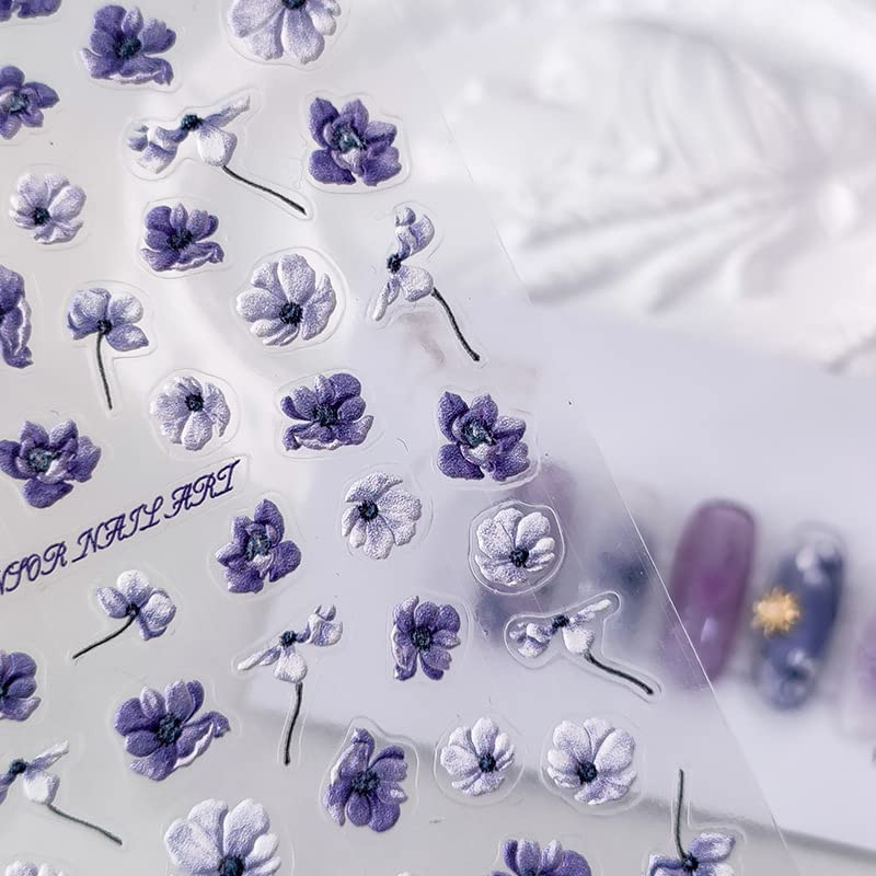 Flower Nail Art Stickers 5D Embossed Purple Floral Nail Stickers for Nail Art Se