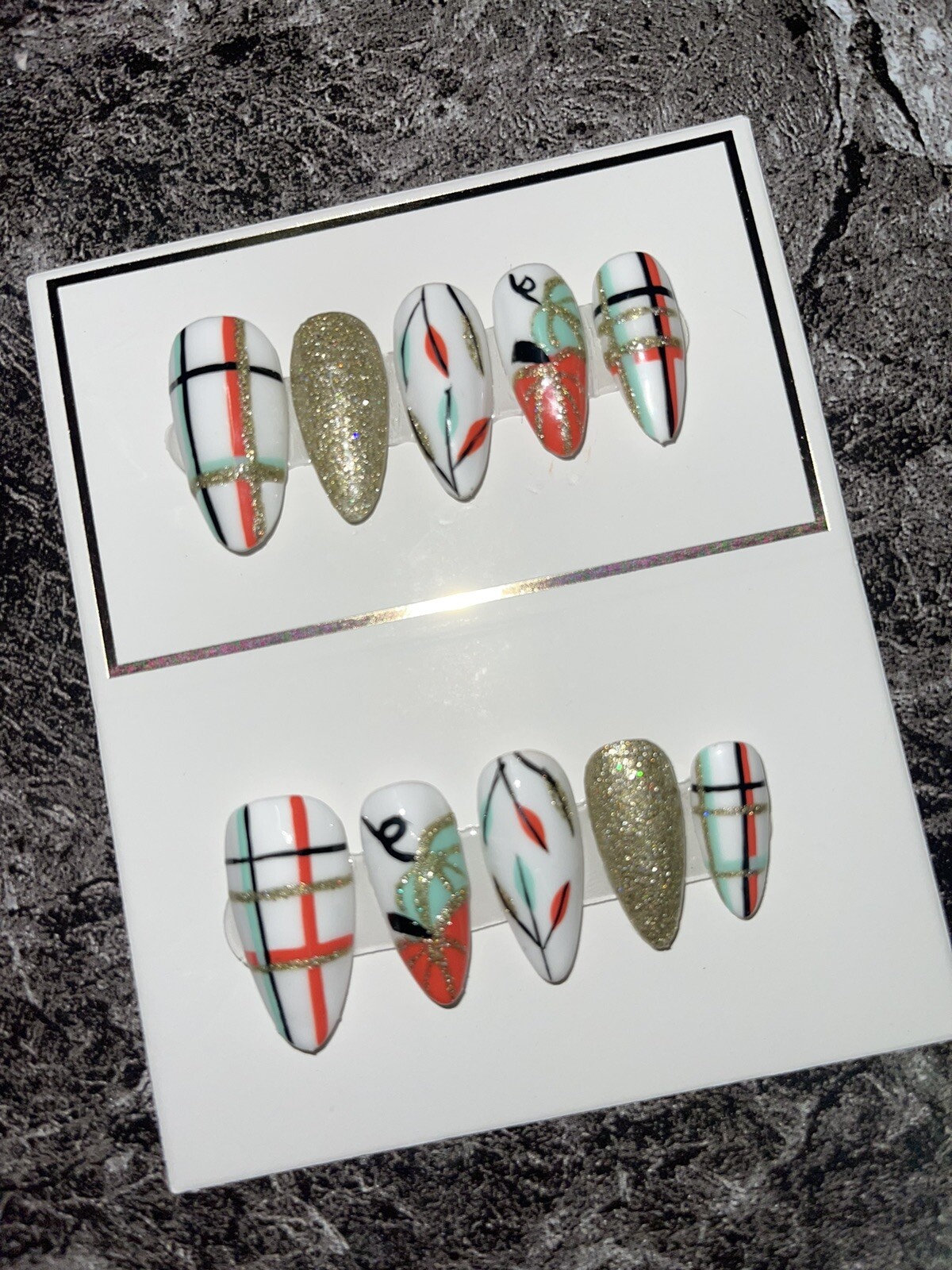 Orange & Teal Pumpkin Plaid Handpainted Press on Nails. includes Prep Kit
