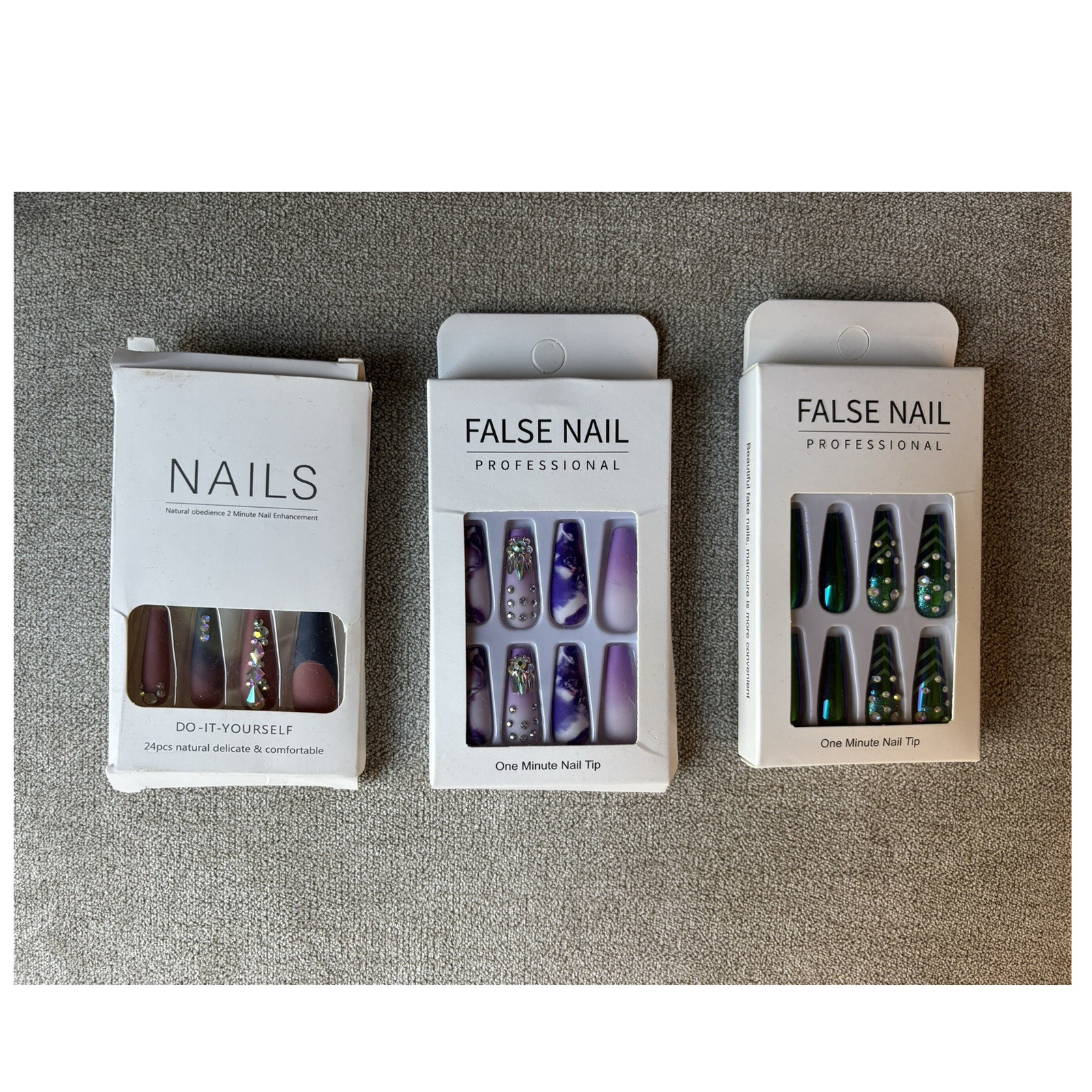 3 Pack Press-On Nails Set Pre-Designed Shiny Coffin Long Multicolor
