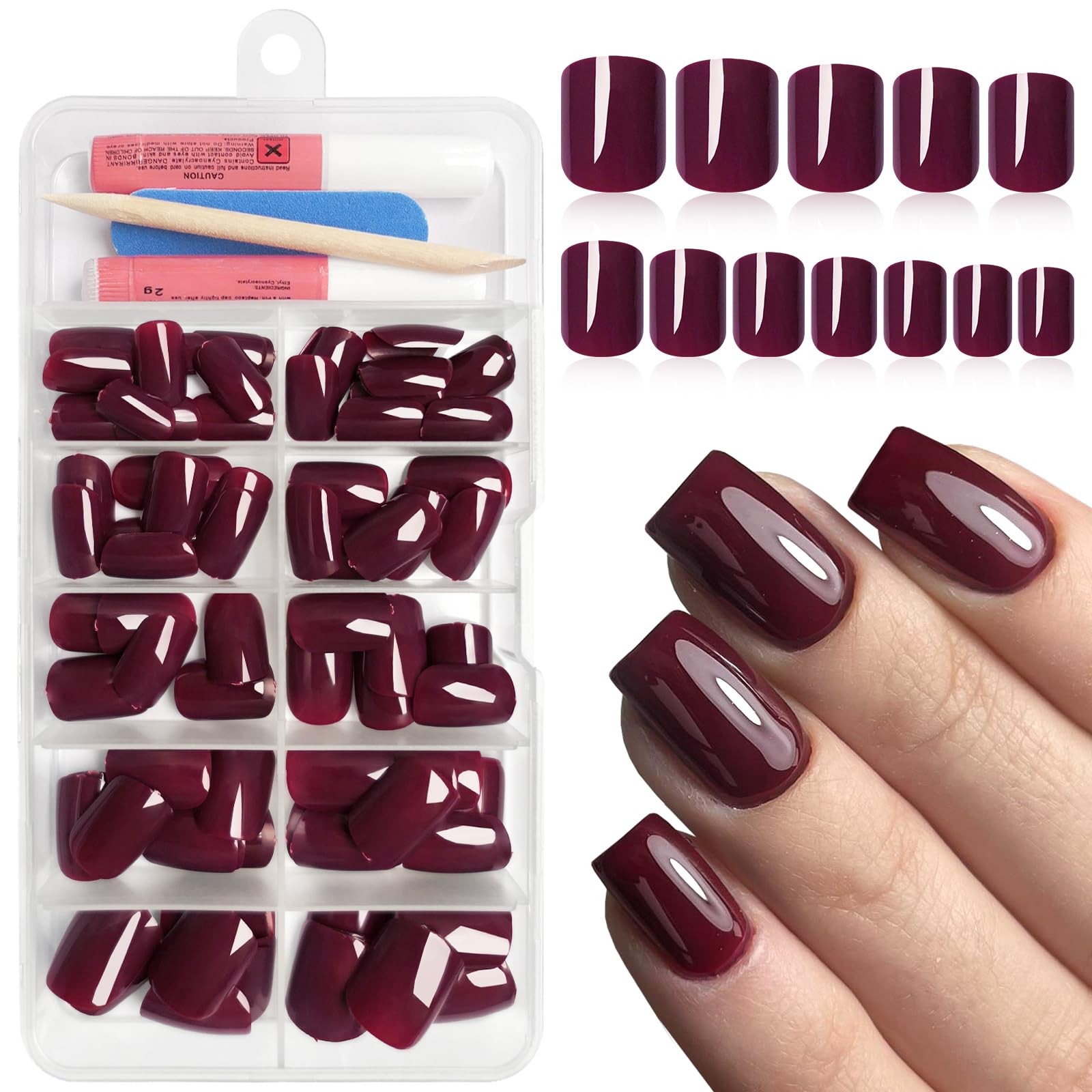 Bellelfin Square Press on Nails Short, 120Pcs Glossy Burgundy Fake Nails Full…