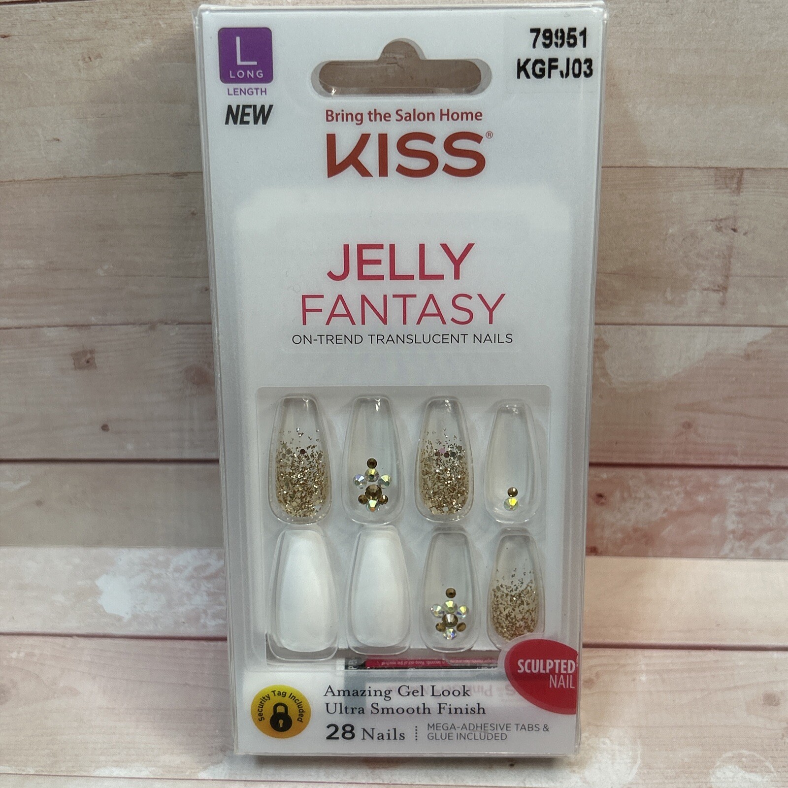 1 Kiss Nails Jelly Fantasy Press or Glue Manicure Long Coffin White Clear Gold